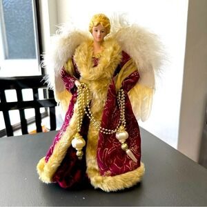 Vintage Christmas Tree Topper Angel Victorian Porcelain Red Feathers Wings Gold